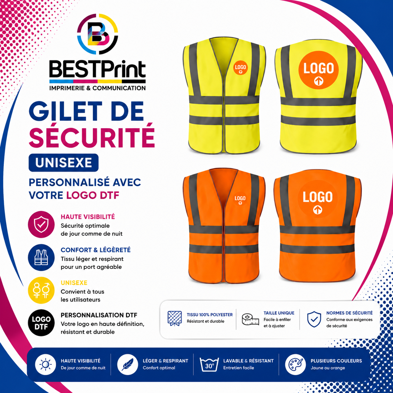 Gilet de sécurité – Unisexe avec votre logo DTF Gilet de sécurité – Unisexe avec votre logo DTF
