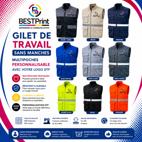 Gilet de travail sans manches multipoches - Disponible en plusieurs couleurs