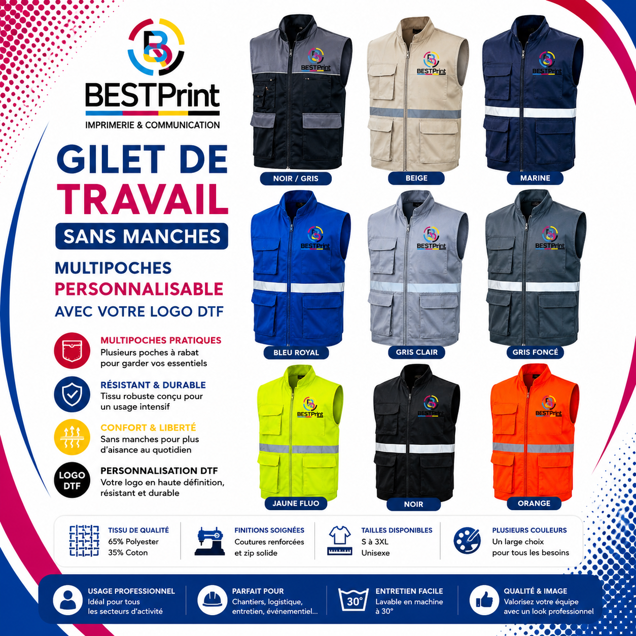 Gilet de travail sans manches multipoches - Disponible en plusieurs couleurs Gilet de travail sans manches multipoches - Disponible en plusieurs couleurs