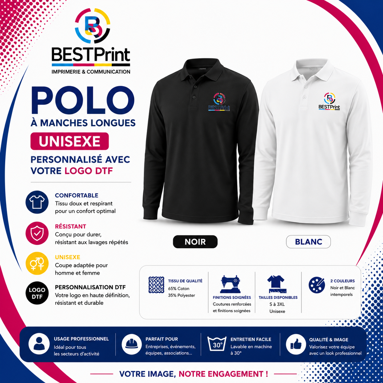 Polo a manches longues Unisexe avec votre logo DTF disponible en noir et blanc Polo a manches longues Unisexe avec votre logo DTF disponible en noir et blanc