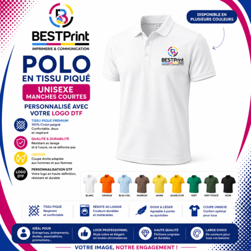 Polo en tissu piqué – unisex manches courtes avec votre logo disponible en plusieurs couleurs