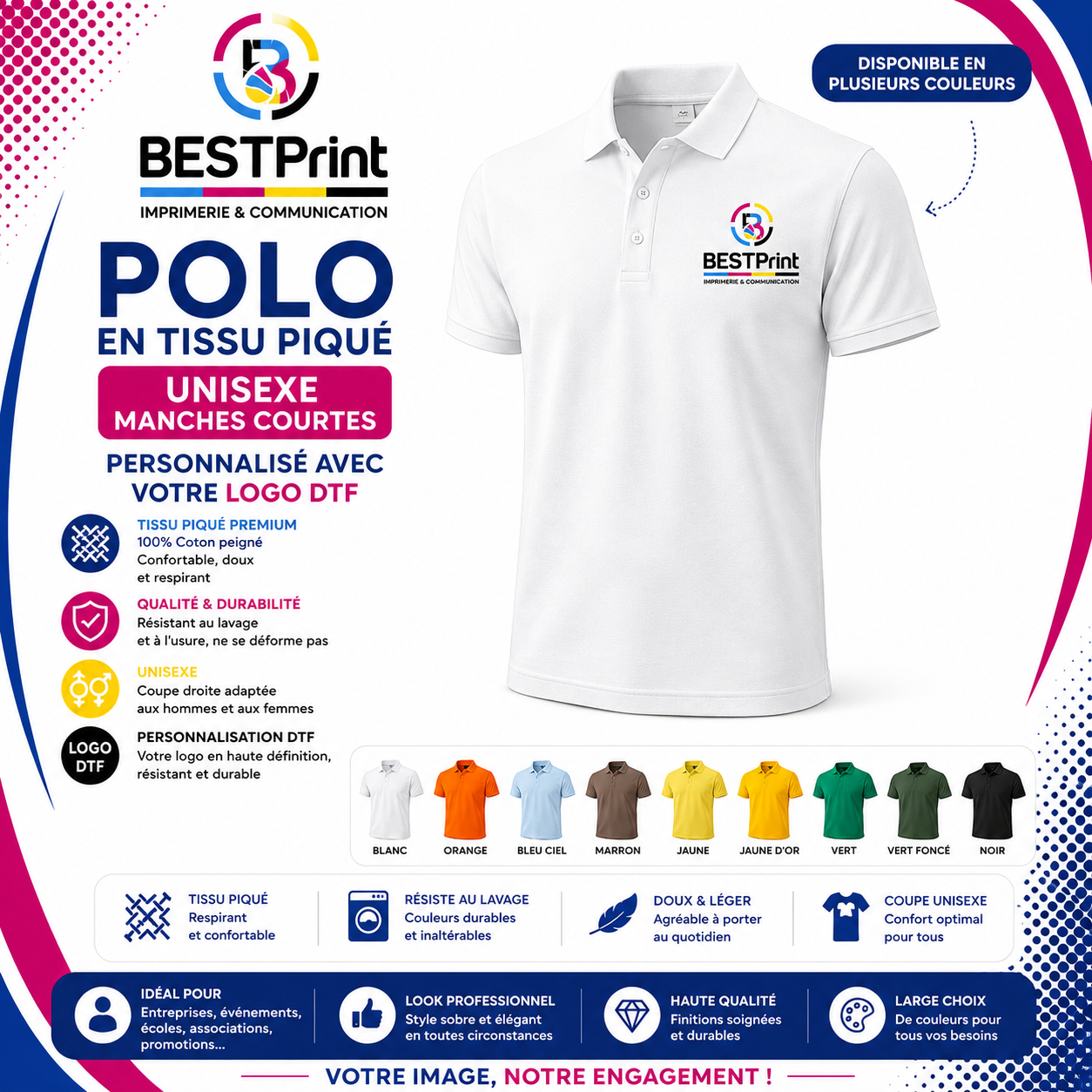 Polo en tissu piqué – unisex manches courtes avec votre logo disponible en plusieurs couleurs Polo en tissu piqué – unisex manches courtes avec votre logo disponible en plusieurs couleurs
