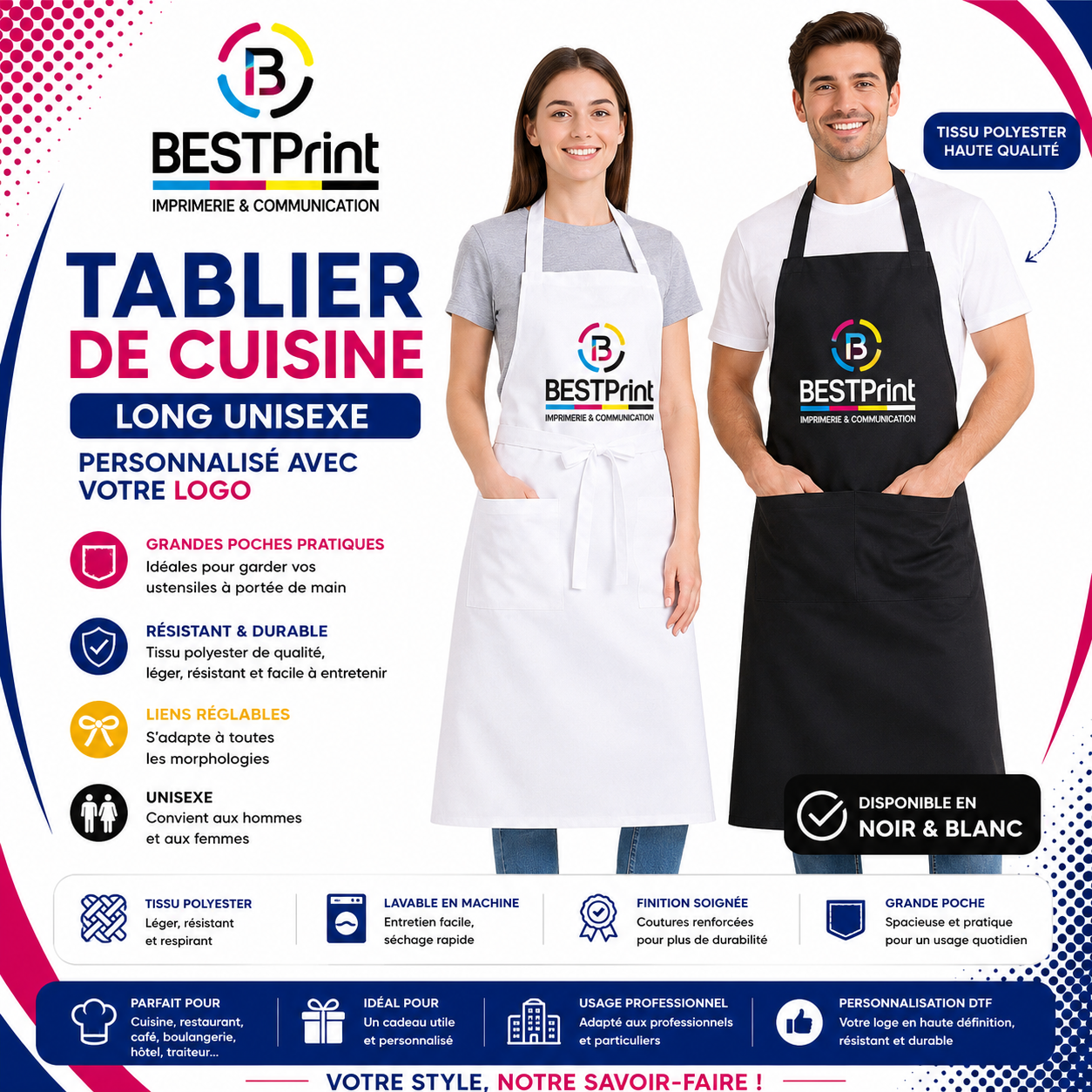 Tablier de Cuisine long unisexe Professionnel en Polyester avec Poches avec votre logo Tablier de Cuisine long unisexe Professionnel en Polyester avec Poches avec votre logo