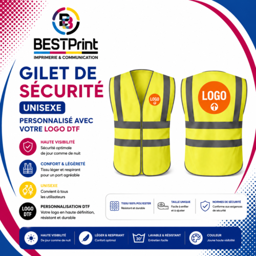 Gilet de sécurité jaune – Unisexe avec votre logo DTF