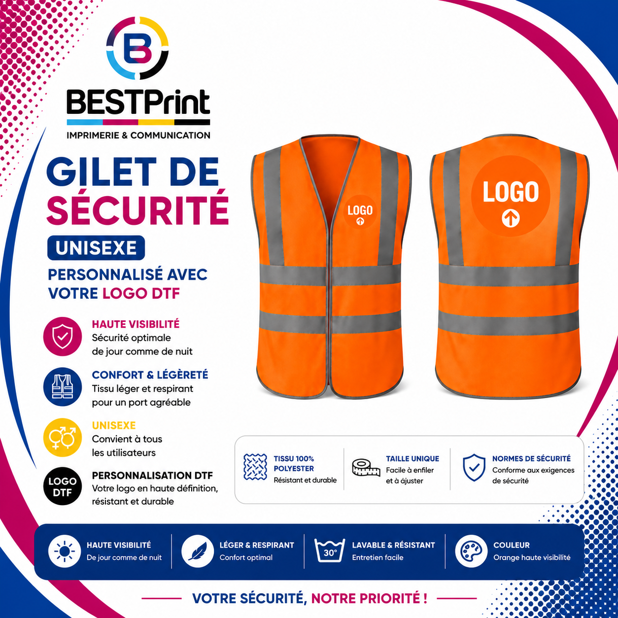 Gilet de sécurité orange - Unisexe avec votre logo DTF Gilet de sécurité orange - Unisexe avec votre logo DTF