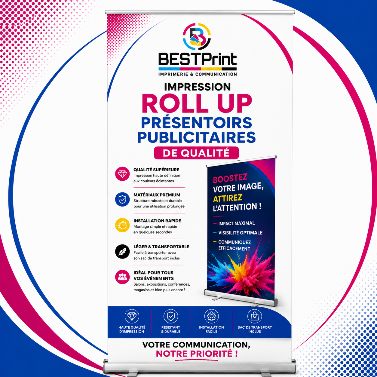 Impression Roll up présentoirs Publicitaires de Qualité 100 x 200 cm Impression Roll up présentoirs Publicitaires de Qualité 100 x 200 cm