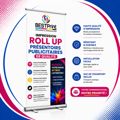 Impression Roll up présentoirs Publicitaires de Qualité 85 x 200 cm