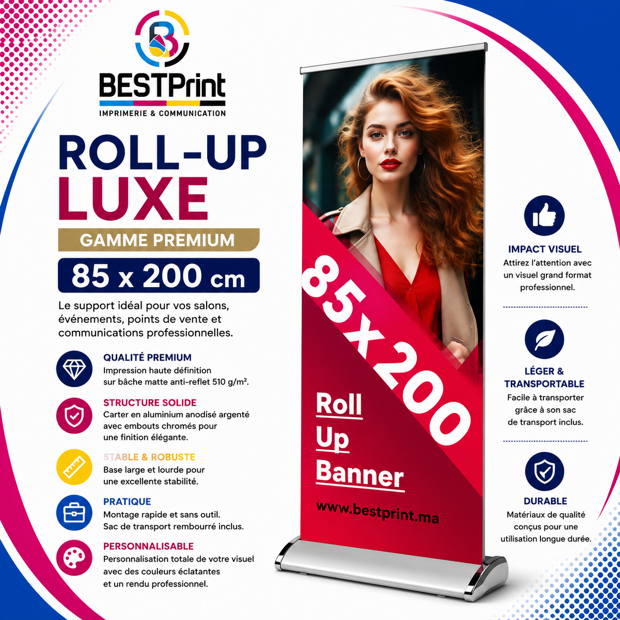 Roll-Up Luxe Aluminium 85×200 cm – Impression Premium sur Film Roll-Up Roll-Up Luxe Aluminium 85×200 cm – Impression Premium sur Film Roll-Up