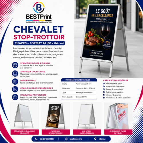 Chevalet Stop-Trottoir 2 Faces – Format A1 (60 × 84 cm) avec Impression