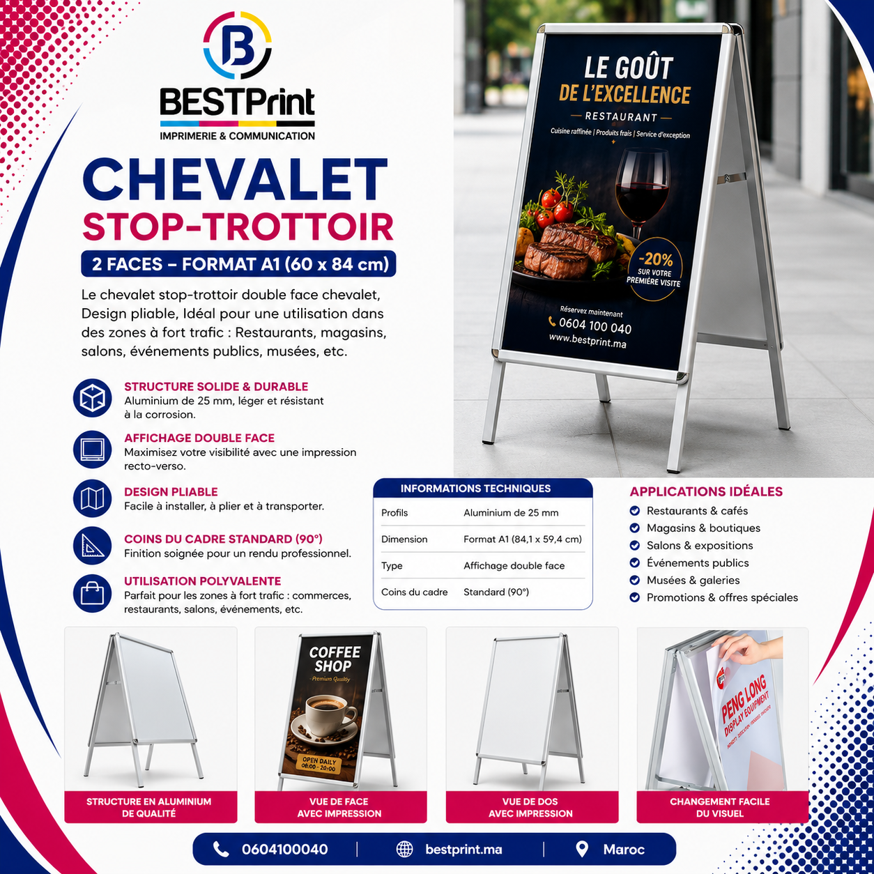 Chevalet Stop-Trottoir 2 Faces – Format A1 (60 × 84 cm) avec Impression Chevalet Stop-Trottoir 2 Faces – Format A1 (60 × 84 cm) avec Impression